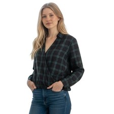 Madewell Plaid Wrap Blouse Womens M Green Black Surplice Long Sleeve Office wear picture