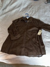 Coldwater Creek Women’s Brown Plaid Sheer Lightweight Collared Button-Up M picture