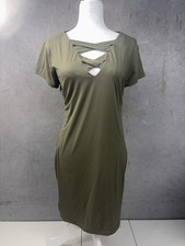 Hot Kiss Juniors XL Olive Green Criss Cross Cage Neck Short Sleeve Dress picture