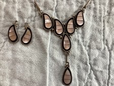 Vintage 1981 Zuni Pink Mother of Pearl Inlay Necklace & Earrings — Signed 