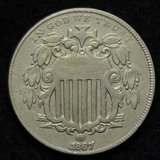 1867/1867 No Rays Shield Nickel AU E806 UARNB picture