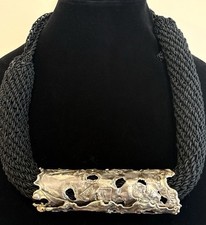 VTG 80s Brutalist Modernist Artisan Sterling Silver 925 Black Fabric Necklace picture