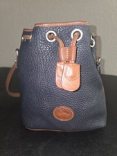 AUTHENTIC VINTAGE DOONEY & BOURKE BLUE TAN LEATHER BUCKET BAG PURSE ALL WEATHER. picture