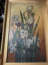 Antique Early 20c Oil Painting Impressionist Iris Floral Still Life Gesso Frame picture