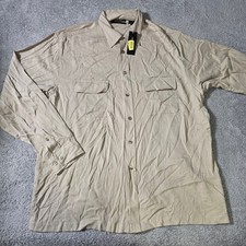 Murano Mens L Button Down Shirt Tan 100% Silk Herringbone Long Sleeve Utility picture