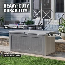 GRAY - RUBBERMAID EXTRA LARGE RESIN OUTDOOR STORAGE DECK BOX (134 GAL), WEATHER picture