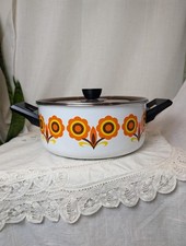 Vintage 1970s Enamel Cooking Pot, Retro Flower Power Design picture