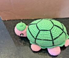 Vintage Russ Berrie Turtle Plush Green Pink Crochet Style 7 Inch picture