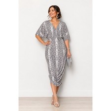 Socialite Grey Snakeskin Ruched Midi Dress V-Neck Dolman Sleeve Bodycon picture