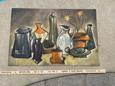 Vintage Mid Century Brutalist Cubist Oil Painting Blenko Glass Still Life 20x30