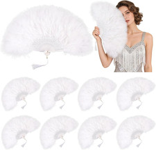 8 Pcs White Marabou Feather Fan Bulk Wedding Headband Vintage Folding 1920S Flap picture