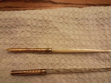 Set of 2 Antique Mother of Pearl Dip Pens  1 Broken Nib, gold tone picture