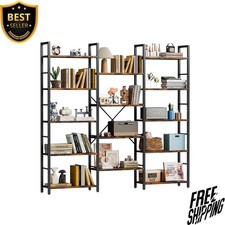 NEW Triple Column 5 Tier Bookshelf Industrial Large Bookcase Display Shelves  picture
