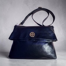 Tory Burch Dena Black Leather Foldover Crossbody Clutch Shoulder Bag Gold Logo picture