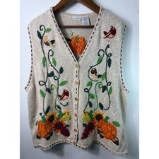 White Stag Hand Embroidered Autumn Sweater Vest Pumpkin Sunflower Women 22W/24W picture