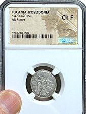 Ancient Greek Lucania Poseidonia AR Stater Bull Coin 470-420 BC - NGC-Ch FINE picture