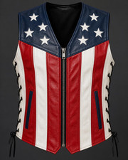 Men's American Flag Leather Biker Vest Handmade Cowhide Stars Stripes Waistcoats picture