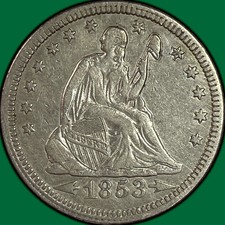 1853 Arrows & Rays Seated Liberty Quarter Almost Uncirculated AU, Old Cleaning picture