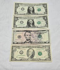 1$ $5 Fancy Block Serial Liars Poker 5 Of A Kind Dollar Bill Lot & Vintage $10 picture