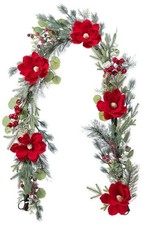 Glitzhome 6FT Christmas Red Mangnolia & Berry Garland, Unlit NEW picture
