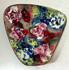 Vintage MCM Enameled Copper Triangle Trinket Dish Freeform Floral Abstract picture