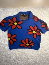 WeSC Unisex Floral Daisy Knit Short Sleeve Polo Shirt Blue picture