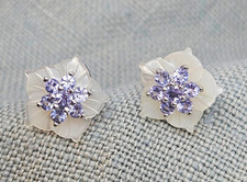 Vintage LGL 10K Gold Lavender Tanzanite Mother of Pearl Flower Stud Earrings picture