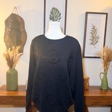 Dana Scott Black Beaded Silk Blend Sweater Vintage Embellished Knit Size M picture