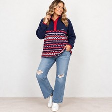 Lands End Womens Navy Blue Fair Isle Fleece Half Snap Pullover Sweater Top 1X picture