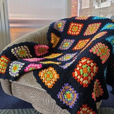Handmade Crocheted Granny Square Throw Blanket Acrylic Black Multicolor 5'x4' picture