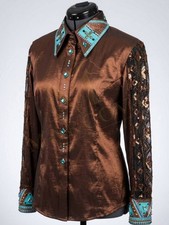 Handmade Brown Western Show Shirt, Turquoise Rhinestone Embellishments. picture