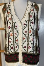 Vtg 80s Hand-Knitted Sweater Vest XL Floral Embroidery Olive Red Classic Cabin picture