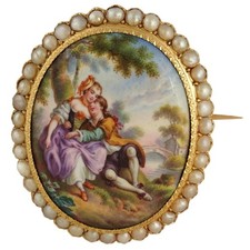 Antique Victorian 14K Yellow Gold Brooch Enamel Miniature Portrait Baroque Pearl picture