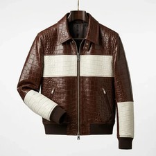 Crocodile Embossed Leather Jacket, Men's Genuine Cowhide Brown Cream Two Tone picture