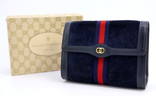 GUCCI VINTAGE Sherry Clutch Bag Purse Navy Suede Leather Small Box Authentic picture