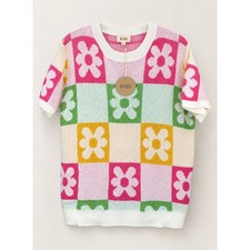 BiBi Womens Large Daisy Checkerboard Knit Sweater Top Floral Colorblock NWOT picture