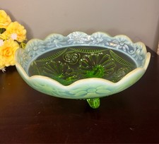 ANTIQUE Northwood Green Opalescent Pearl Flowers 3-Footed Ruffled Bowl EAPG UV picture