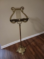 Vintage Solid Brass Lyre Harp Shaped Footed Adjustable Music Stand 28-45” Shelf picture
