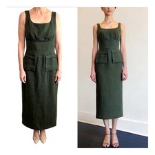 Carl Kapp Size M 12 Aus 8 US Olive Green Khaki Linen Boulder Maxi Dress Designer picture