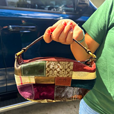 Coach Patchwork Multicolor Small Crescent Shoulder Bag Zip Top Brown Strap picture