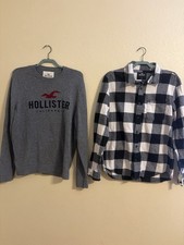 Lot of 2 Men XL Hollister Co Gray Logo Crewneck Sweater & Plaid Flannel Shirt picture