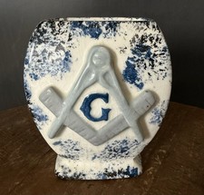 Vintage Masonic Freemason Ceramic Planter Vase Square Compass G Blue White picture
