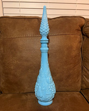Vintage Blue Milk Glass Fruit Decanter w/ Grape Stopper – 18” Tall – Mid-Century picture