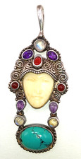 Vtg Lg Moon Goddess Sterling Silver Turquoise Moonstone Plus Beautiful Pendant picture