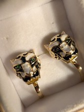 14K Leaf/Sterling 925 EFFY (STYLE) Panther Earrings Tsavorite Eye Hand Enamel picture