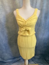 VTG 50s Davidsons Yellow Sheer Chiffon Crepe Wiggle Bow Blouson Dress XXS TINY picture