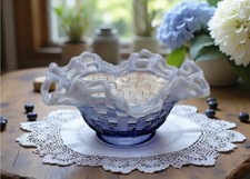 Vtg. Fenton Basket Weave with Open Edge Bonbon Dish in Blue Opalescent Colors. picture