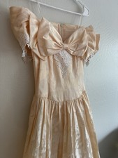 Vtg 80s Scott McClintock Peach Damask Satin Prom Dress Off Shoulder Bow Gown XS picture