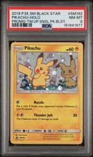 2019 POKEMON BLACK STAR PROMO PIKACHU MIMIKYU TEAM UP COSMIC HOLO PSA 8-SWIRL picture