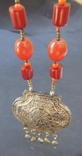ANTIQUE OTTOMAN EMPIRE SILVER SOLID AMULET NECKLACE WITH AMBER BEADS RARE FIND picture